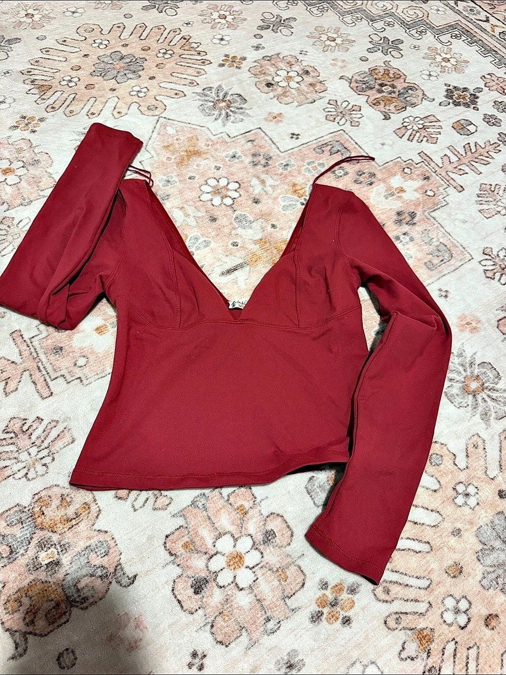Free People Seamless Solid Deep V Long Sleeve Crop Top, Red